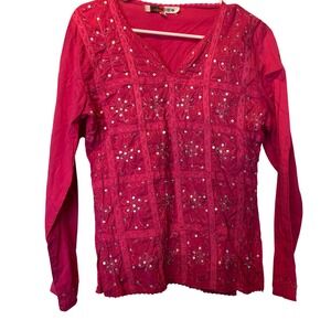 Live A Little Pink Embroidered Sequin V Neck Long Sleeve Cotton Top Y2K Fairy
